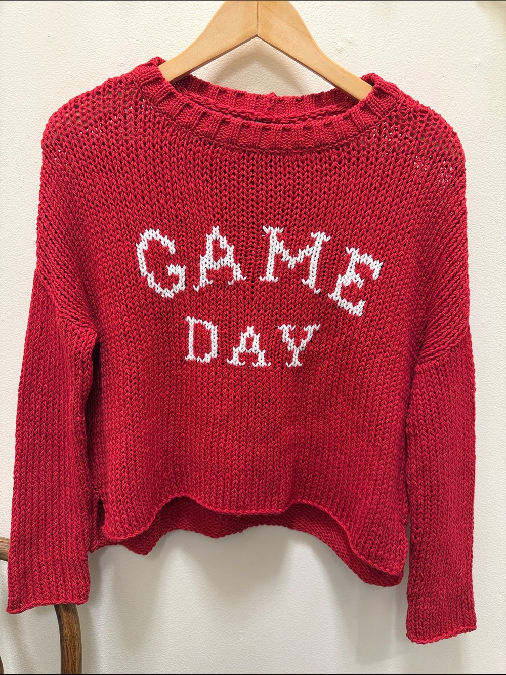Wooden Ships Red Crewneck Sweater with White 'GAME DAY' Intarsia
